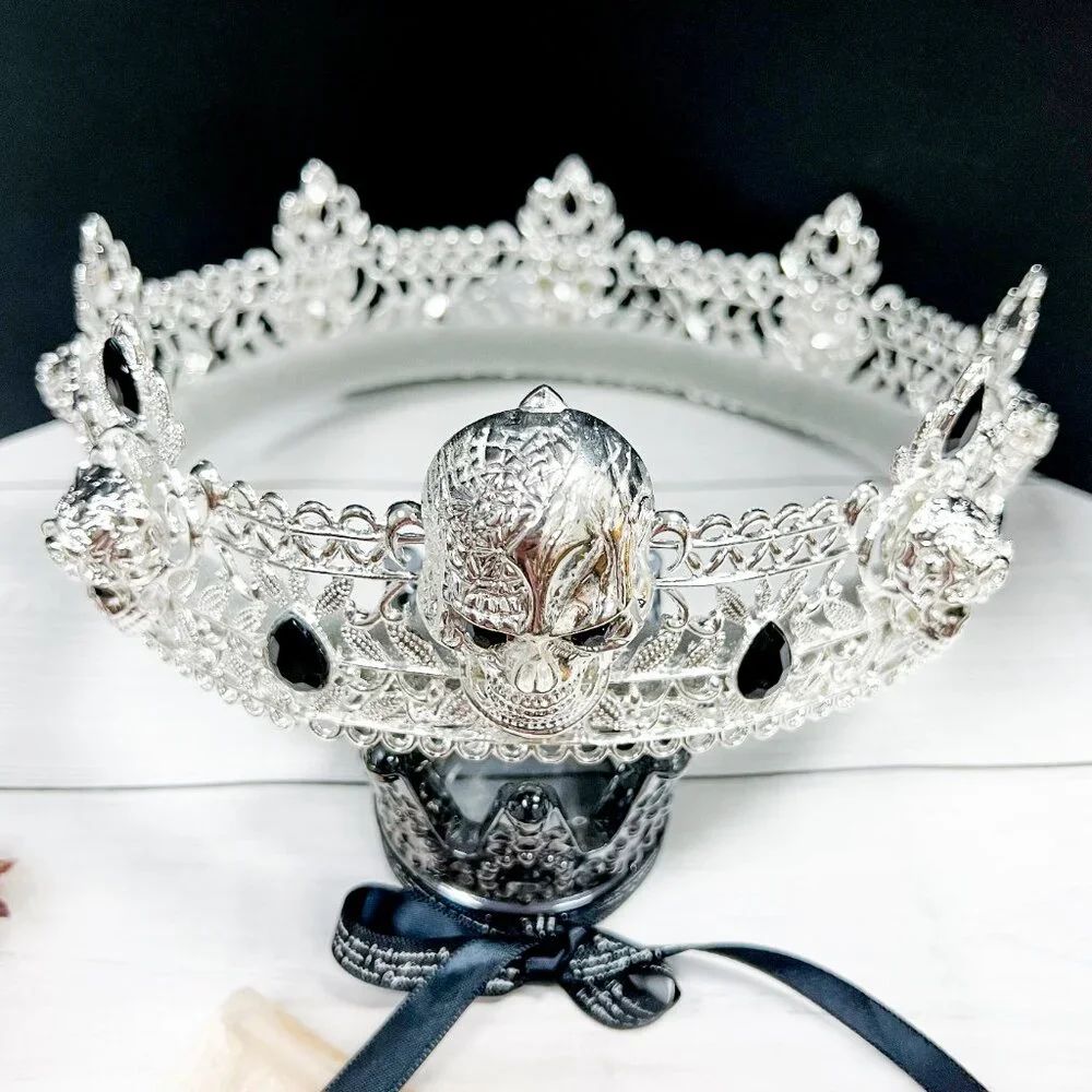 Silver Skull Crown, Skeleton King Crown, Gothic Crown, Renaissance Faire Crown - Picture 8 of 10